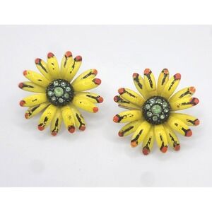 Vintage Coro Craft Yellow Enamel Flower Earrings Green Rhinestone Clip Ons